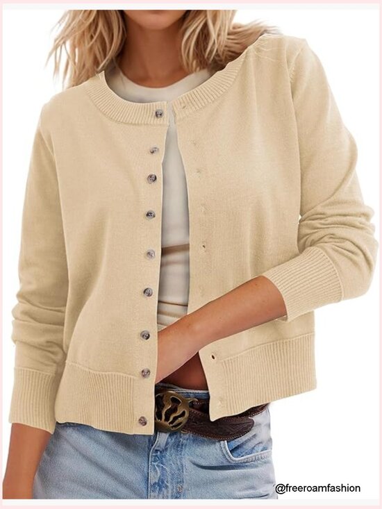 Sweaters - Button Up Lightweight Cropped Cardigan Long Sleeve Knit